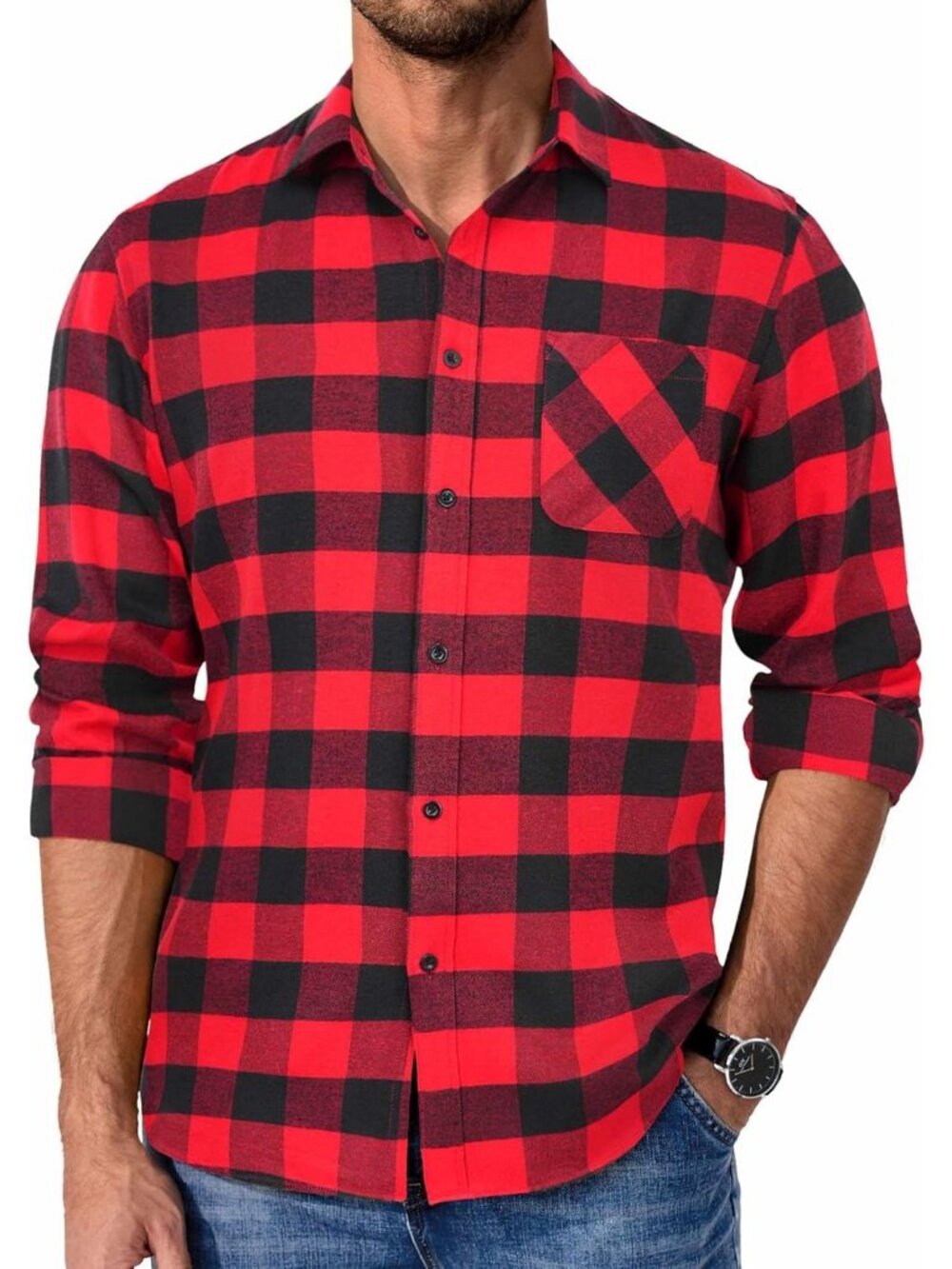 Men's Red Polyester Blend Long Sleeve Plaid Casual Flannel Button Down Shirt